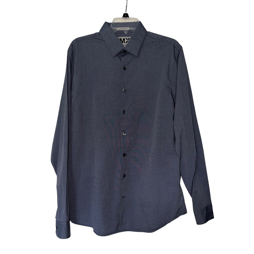 Express 1MX Fitted Shirt Mens Large 16-16.5 Navy Blue Micro Stripe Button Down